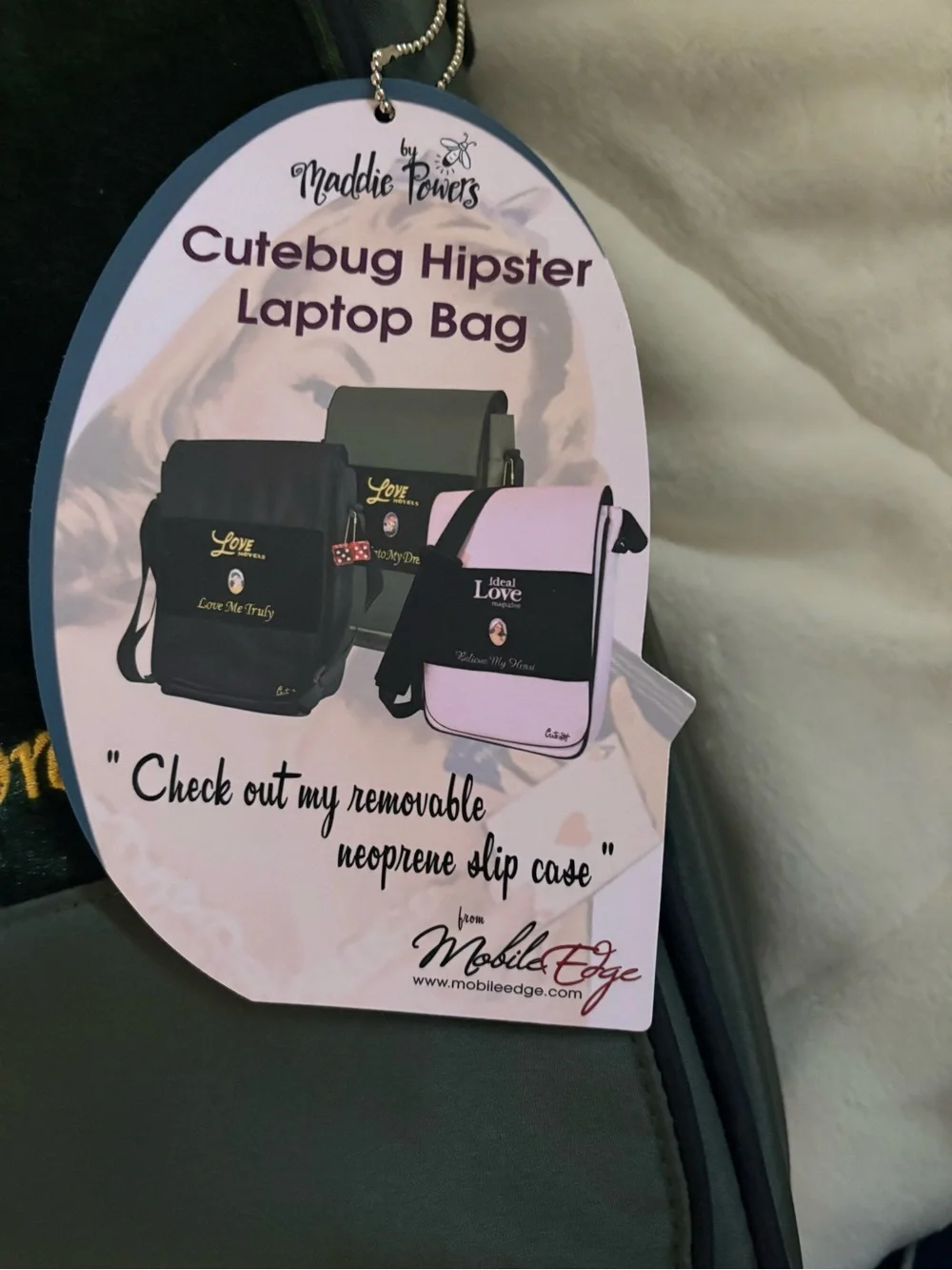 Maddie Powers Cutebug Hipster laptop bag. Olive green velvet